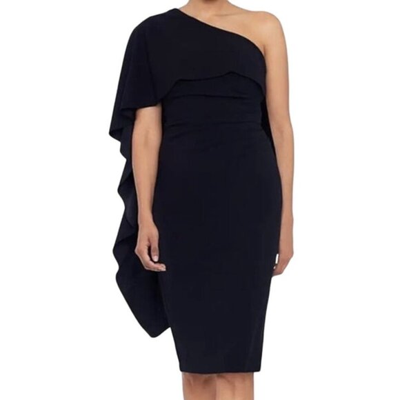 NWT Women's XSCAPE One-Shoulder Draped Midi Dress Navy | Size 8 - Picture 1 of 11